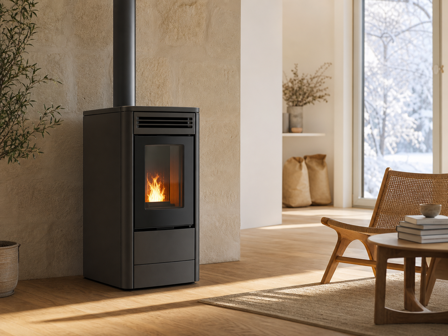 Poêle à granulés moderne dans un intérieur lumineux